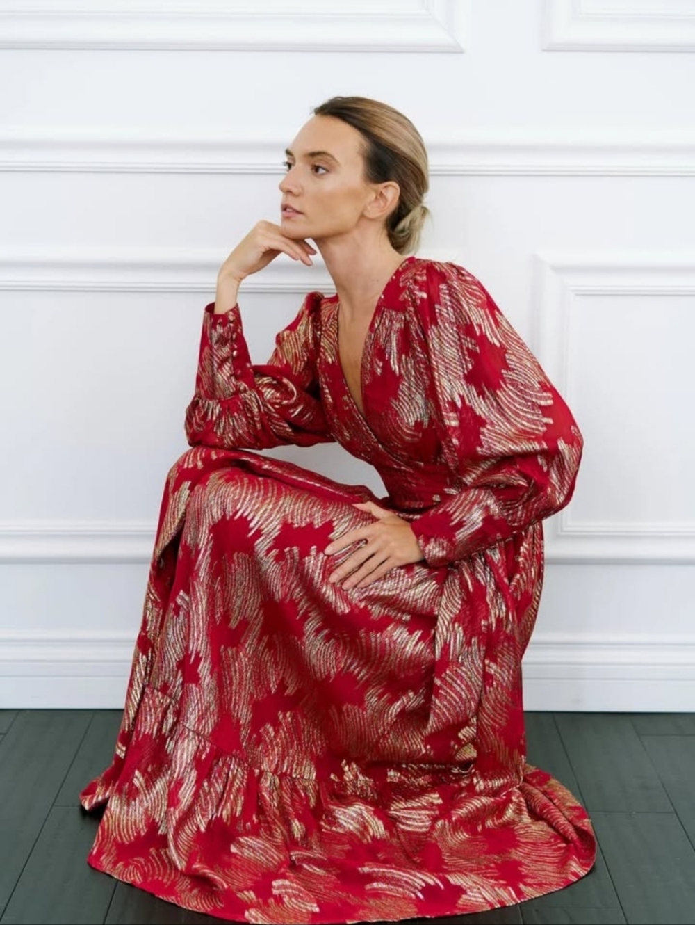 Ciebon XS Isa Red Metallic Long Sleeve Wrap Maxi Dress w/ Pockets MSRP $180
